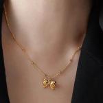Stainless Steel Classic Gold Color Bowknot Pendant Necklace for Women