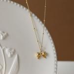 Stainless Steel Classic Gold Color Bowknot Pendant Necklace for Women