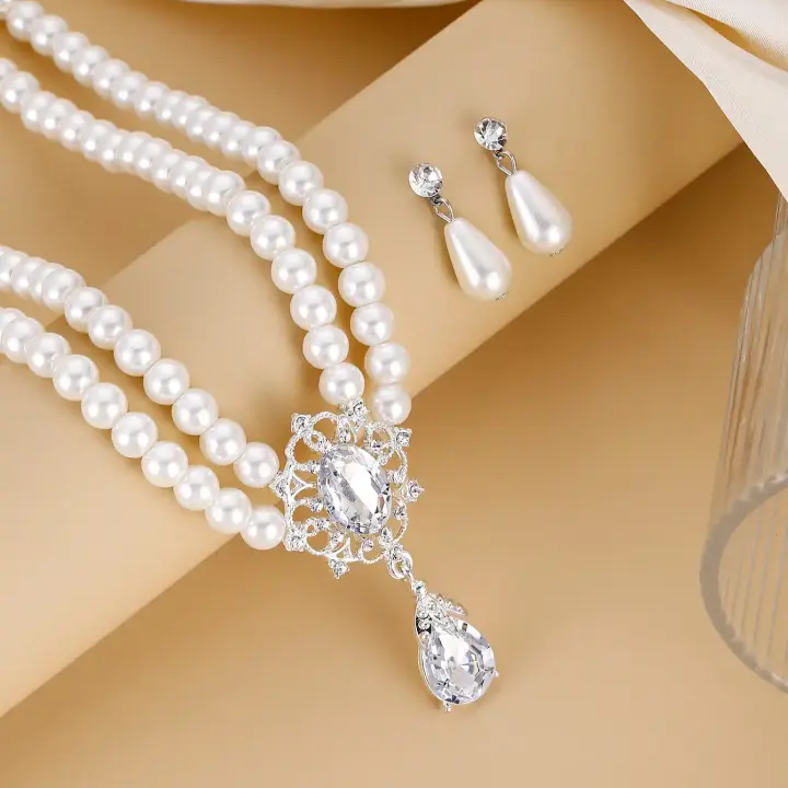 Elegant Rhinestone Pearl Drop Jewelry Set – Multilayer Flower Necklace & Earrings for Women